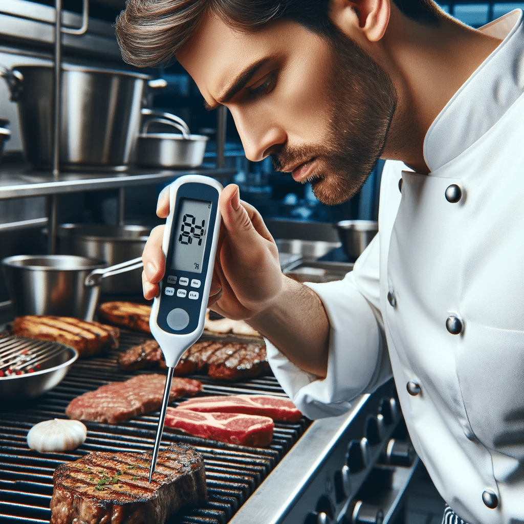 Chef en cocina profesional utilizando termómetro digital para verificar temperatura de filete en parrilla. | EDECOMERCIAL
