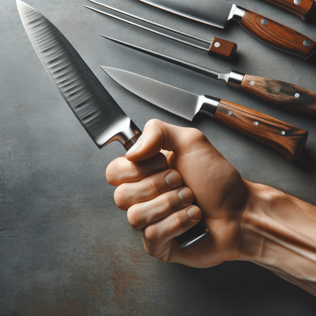 Mano sosteniendo un cuchillo de acero inoxidable de chef con enfoque en el agarre y la postura, demostrando la forma correcta de elegir y manejar un cuchillo. En el fondo, se muestran sutilmente juego de cuchillos de cocina.
