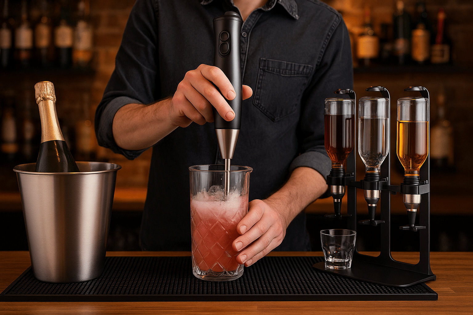 Bartender usando mezclador eléctrico en barra | Edecomercial